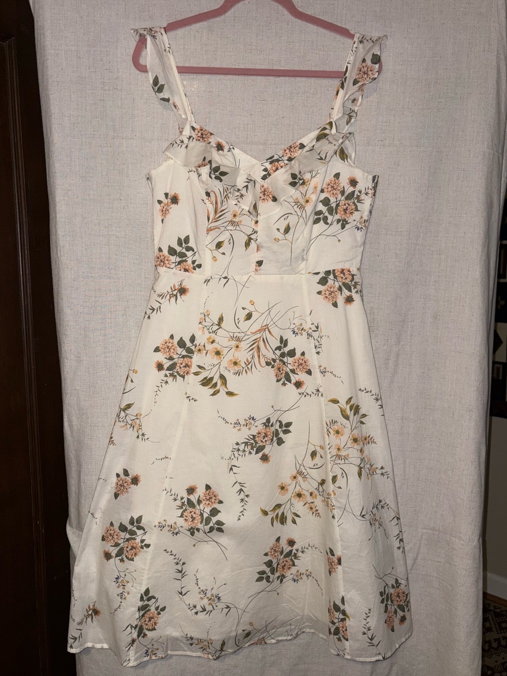 june & hudson Cream Floral Ruffle Strap Midi Dress